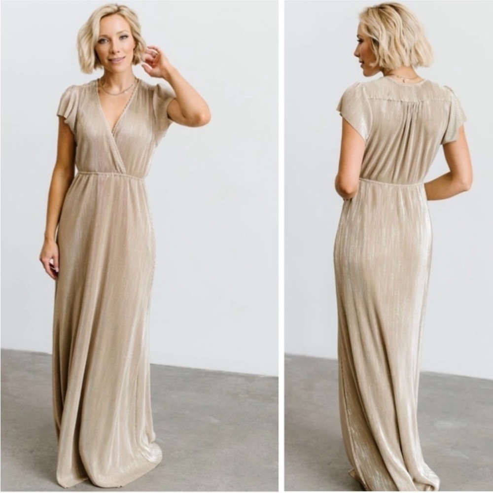 Baltic Born Athena Pleated Maxi Dress Champagne Gold Surplice XS